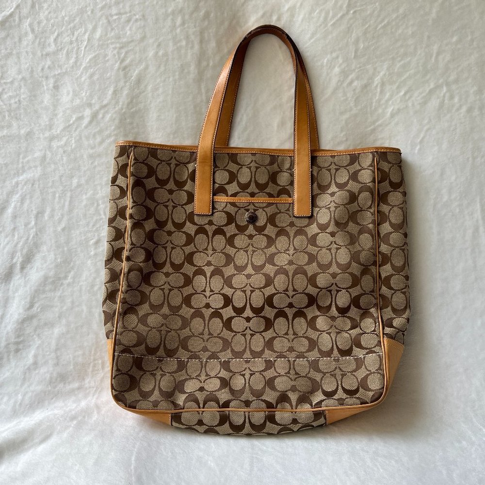 Coach Bag Canvas Large 7069 Brown Tan Leather Tote​